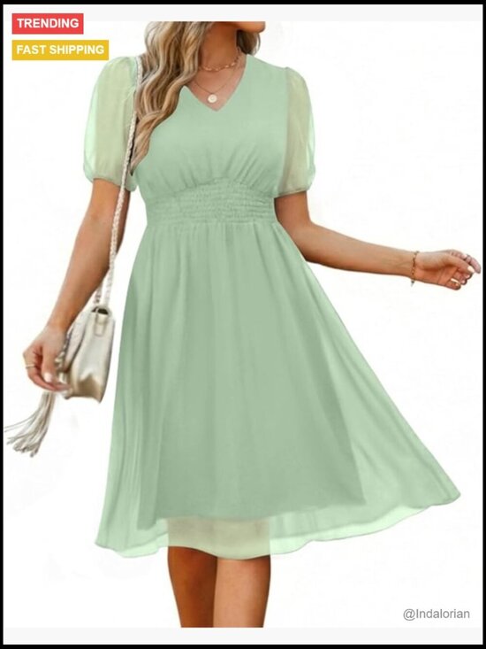 Dresses & Skirts - Chiffon Summer Casual Dress V Neck Short Sleeves Smocked Waist Swing